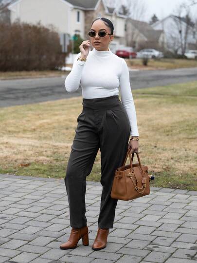 Melissa Matos Women's Casual High Waist Fold Pleated Skinny Pants