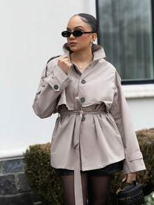 Melissa Matos 女式休闲单排扣收腰风衣，秋季 - 卡其色 - 查看 6