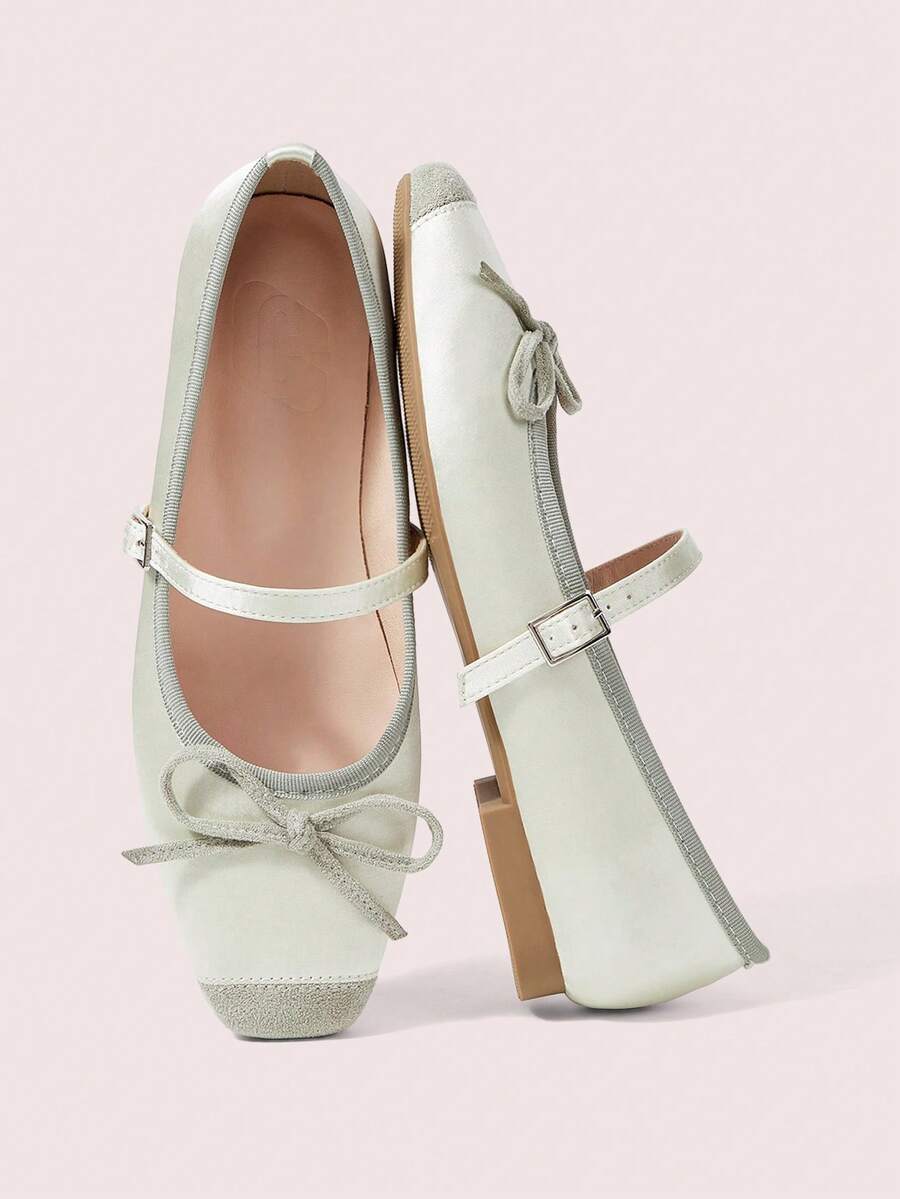 CUCCOO DOLLMOD Ljusgröna platta Mary Jane-skor i sammet med fluga för kvinnor, mångsidiga, bekväma och söta, collegestil - Ljusgrön - Visa 1