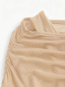 少女优雅修身杏色网纱拼接不对称斜肩喇叭袖褶皱连衣裙，适合女孩参加派对、圣诞节、新年、舞会等场合。 - 杏色 - 查看 8