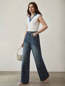 MOTF PREMIUM WOMEN'S FASHIONABLE LEOPARD JACQUARD WIDE LEG JEANS - Blue - View 5