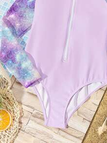 美人鱼印花亮片染色少女休闲简约圆领长袖连体泳衣，适合春夏穿着 - 彩色 - 查看 5