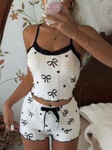 SHEIN Cartoon Bow & Heart Print V-Back Contrast Lace Slim Fit Women Pajama Set - Baby Pink - View 4