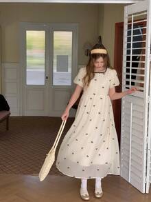 DAZY Teen Girls' Casual Vacation Style Full Butterfly Embroidery Puff Sleeve Waist Cinched Mini Dress, Summer - Apricot - View 3