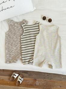 SHEIN 3件套男女宝宝休闲纯色无袖连体衣和短裤套装，婴儿服装套装，春夏款 - 杏色 - 查看 2