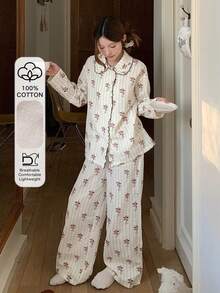 DAZY Happy Dog Striped Print Frill Trim Loose Women Pajama Set - White - View 3