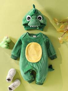 SHEIN Newborn Dinosaur Costume Outfit, Cute Plush Fabric Long Sleeve Jumpsuit With 3D Embroidered Dinosaur Hat Set Fall Winter - Olive Green - View 4