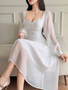 DAZY 女士蕾丝拼接腰部优雅长裙 - Pearl White - 查看 1