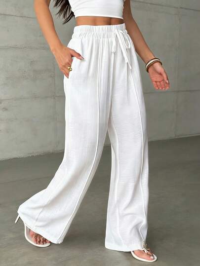 Almamuse Women's Casual Vacation & Commute Minimalist Versatile White Knotted Elastic Waist Loose Wide Leg Pants