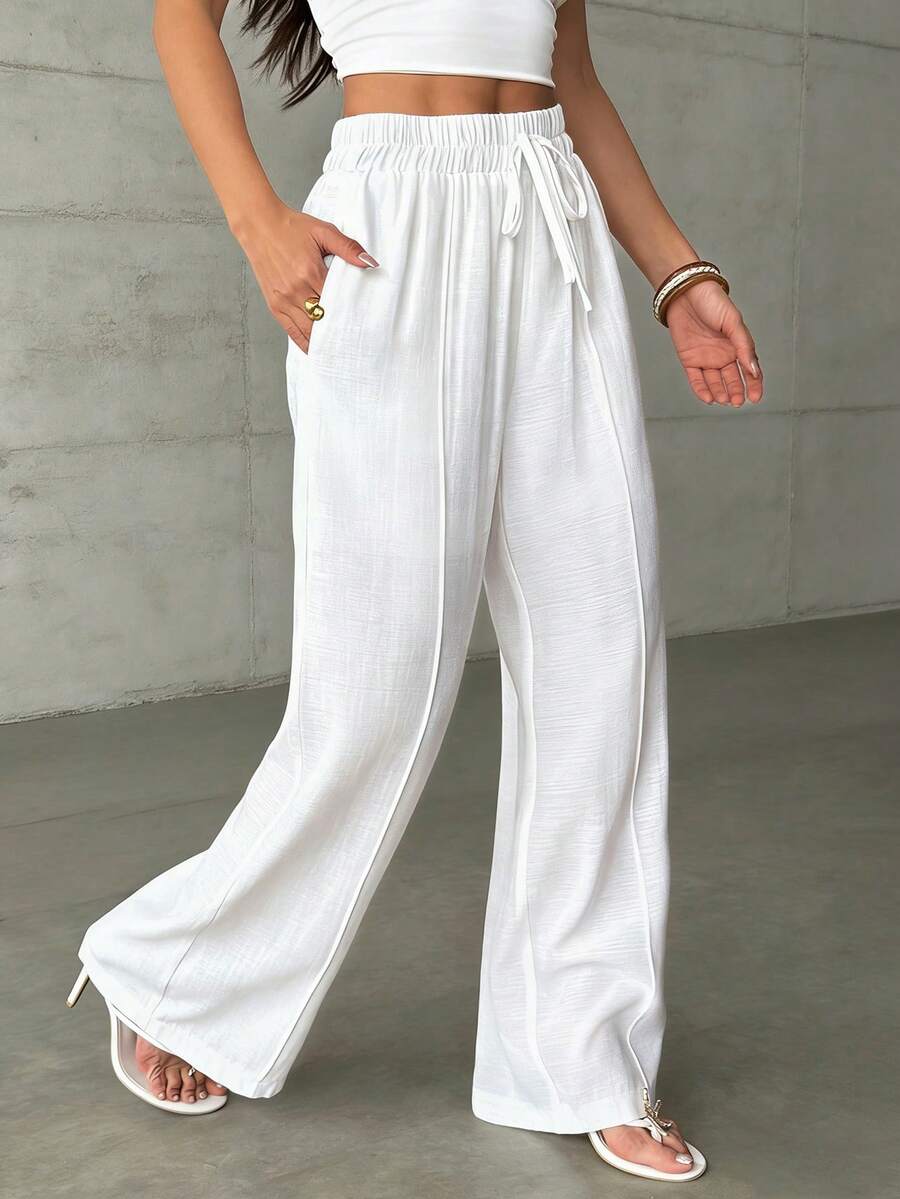 Almamuse Women's Casual Vacation & Commute Minimalist Versatile White Knotted Elastic Waist Loose Wide Leg Pants - White - View 1