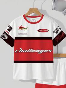 两件套青少年男童休闲舒适时尚简约圆领短袖T恤和短裤套装，经典赛车图案印花，72号数字，赛车方格旗设计，赛车文化文字图案印花，适合运动穿着 - 彩色 - 查看 4