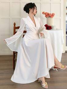 DAZY Women's Lapel Side Tie Waist Elegant Long Suit Dress, Casual & Chic - Apricot - View 6