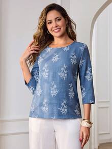 Miaspire 女士花卉刺绣休闲百搭七分袖衬衫 - 藍色 - 查看 4