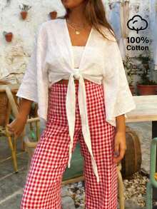 Elyressa Women's Cotton Batwing Sleeve Front Tie Knot Blouse - White - View 1