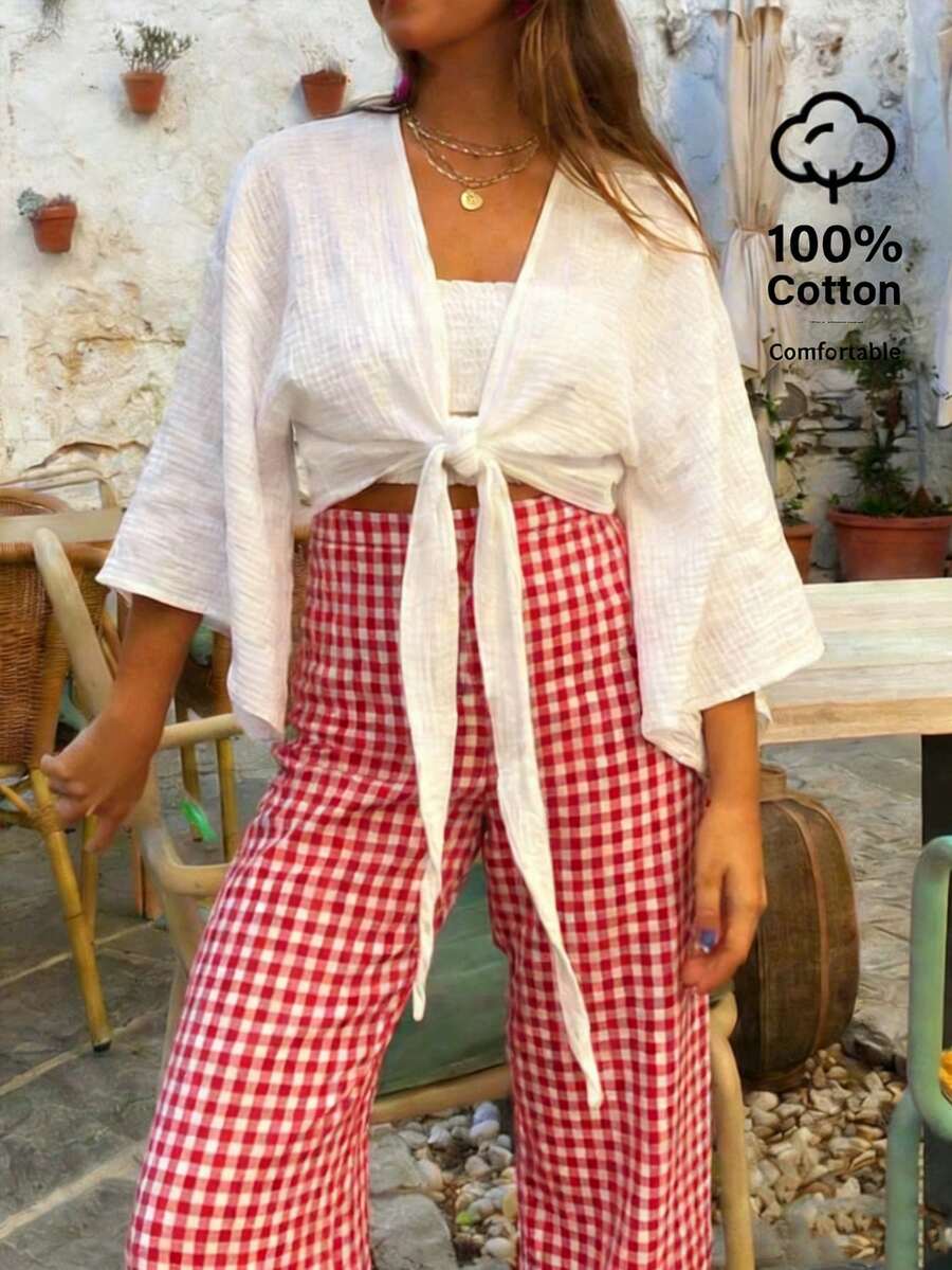 Elyressa Women's Cotton Batwing Sleeve Front Tie Knot Blouse - White - View 1