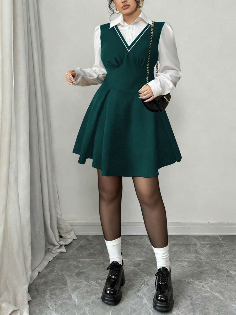 Elenzga 大码女式法式休闲优雅拼接长袖连衣裙，秋冬款 - 墨綠色 - 查看 1