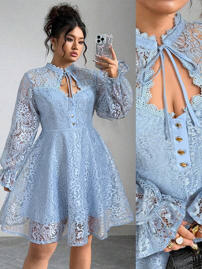 Elenzga Plus Size Women's Elegant Lace Long Sleeve Casual Party Dress Long Sleeve Blue Dress Blue Lace Dress Elegant Blue Dress Baby Blue Baby Blue Women Dress Ruffle Sleeve Dress Baby Blue Lace Dress Women's Blue Dress Long Sleeve Lace Dress