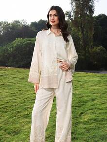 Mulvari Women's Casual Vacation Style Plant Print Drop Shoulder Loose Flare Sleeve Shirt And Wide Leg Pants Set, Spring/Autumn - Multicolor - View 5