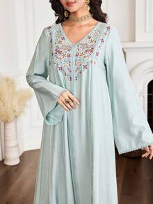 Al Najma Women's Elegant Embroidered Long Sleeve Arabic Style Dress - Multicolor - View 1