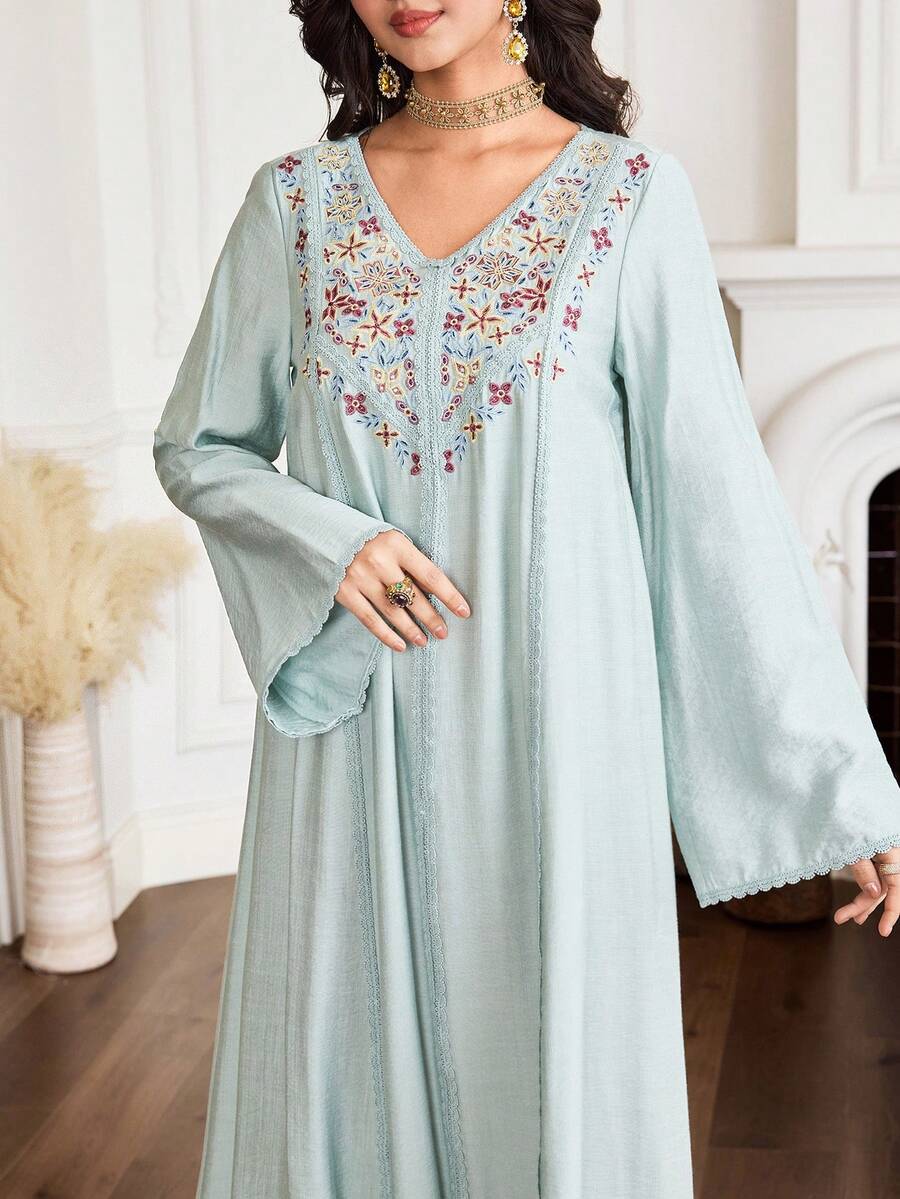 Al Najma Women's Elegant Embroidered Long Sleeve Arabic Style Dress - Multicolor - View 1
