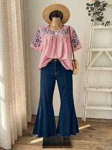 Rusticease 大码女式夏季休闲度假乡村风春季圆领短袖红色条纹印花衬衫，春假、度假、外出，2026新款，简约时尚，日常穿着，休闲度假波西米亚风上衣，宽松上衣，条纹衬衫，波西米亚风上衣，适合夏季、度假、通勤、日常穿着、外出穿着 - 彩色 - 查看 5