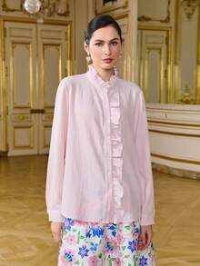LOTSLUV Women's Pink Mandarin Collar Ruffle Trim Long Sleeve Loose Vintage Textured Blouse - Baby Pink - View 5