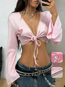 valorelle valorelle 女士性感时尚街头风卡通人物爱心印花蕾丝边喇叭袖系带露脐上衣 - 粉色 - 查看 1