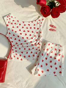SHEIN EZwear Valentine 2pcs/Set Plus Size Heart Print Asymmetric Neck Top And Shorts Casual Set, Spring/Summer - Red and White - View 5