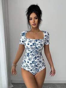 Elenzga Women's Summer New Casual Vacation Blue Ditsy Floral Bodysuit - Blue and White - View 6