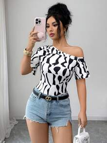 Elenzga Áo thun nữ thanh lịch họa tiết da báo, cổ lệch, tay loe ôm sát, thích hợp cho mùa xuân/hè. - Đen và trắng - Xem 8