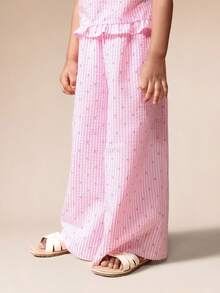 SUMWON Girls Puff Sleeve Off Shoulder Top And Wide Leg Palazzo Pants Set Striped Cotton Summer Casual Outfit With Ruffle Details Vacation - Pink - View 4