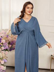 Al Najma Blue V-Neck Bat Wing Tie Waist Flattering Dress - Blue - View 5