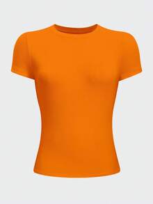 INAWLY T-shirt col rond ajusté de couleur unie pour femmes, orange - Orange - Voir 3