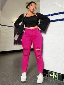 SHEIN ICON Plus Size Plain Simple Distressed Denim Jeans - Hot Pink - View 5