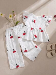 Souflis Souflis 2pcs/Set Baby Girls' Cute Cherry Pattern Vacation Casual Striped Ruffle Sleeve Blouse And Pants Set, Spring/Summer - Multicolor - View 7