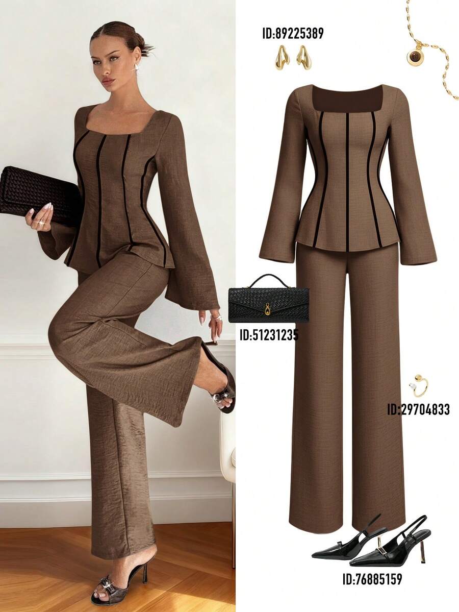 Siren Gaze Bộ trang phục công sở thường ngày dành cho nữ: Áo tay loe phối màu và quần ống rộng. - màu nâu - Xem 1