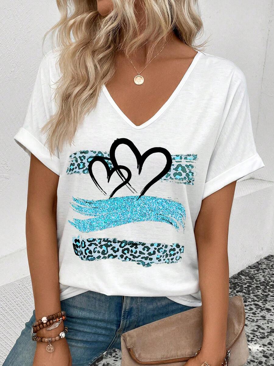 EMERY ROSE Women's Casual V-Neck Cuffed Sleeve Heart Print T-Shirt - White - View 1