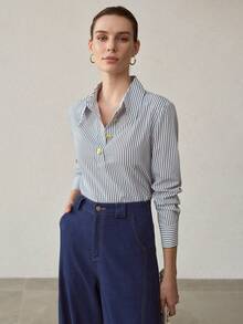 MOTF PREMIUM 条纹印花半扣衬衫 - 黑與白 - 查看 2