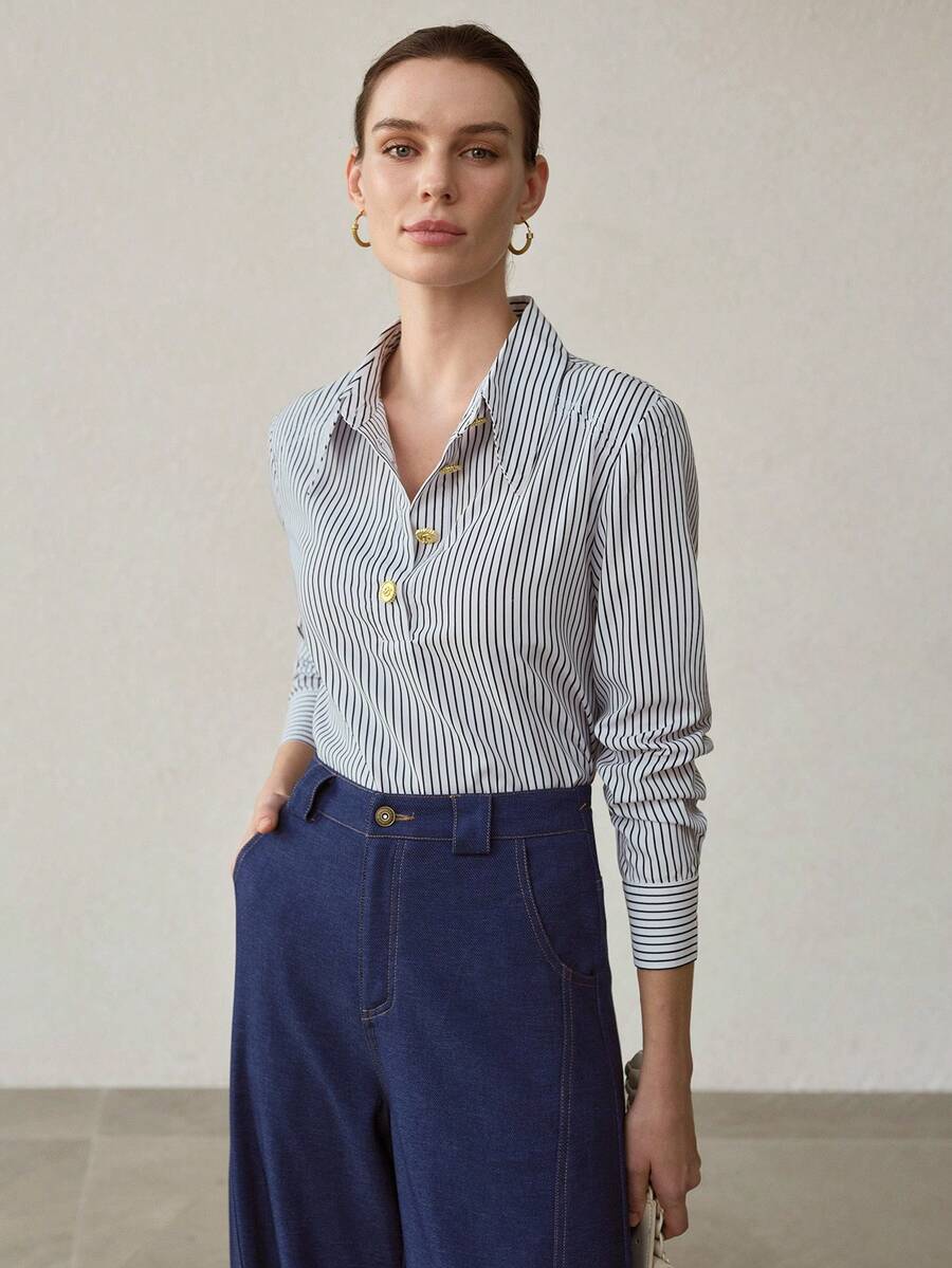 MOTF PREMIUM 条纹印花半扣衬衫 - 黑與白 - 查看 2