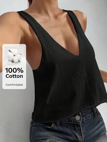 SHEIN EZwear Women Sexy Deep V-Neck Loose Summer Tank Top - Black - View 7