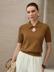 MOTF PREMIUM 镂空修身针织上衣 - 駝色 - 查看 5