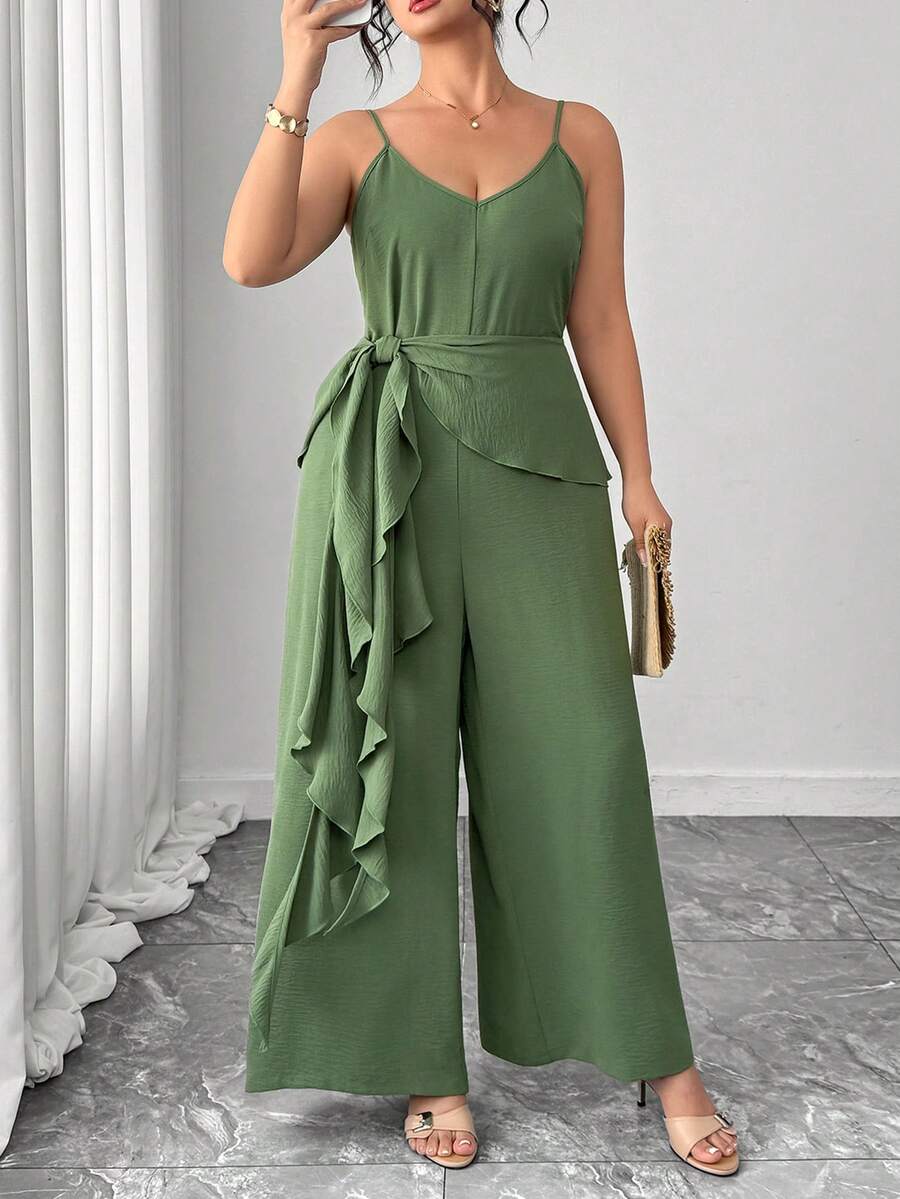 Elenzga Summer New Arrival Versatile Ruffle Trim Women Jumpsuit, Fashionable & Elegant, Suitable For Vacation - Army Green - View 1