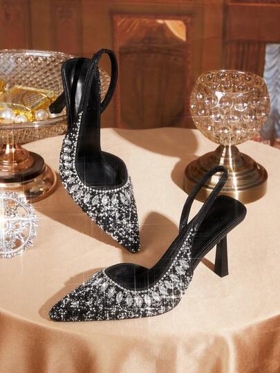 CUCCOO TILAWA Women Shoes Pointed Stiletto Black Rhinestone Gorgeous Fashion Party Banquet Wedding Ladies High Heel Shoes Slingback Women's Shoes