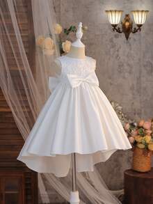 Glamorique Kids 女童高档缎面花卉蕾丝3D刺绣连衣裙，拖尾裙摆，儿童公主裙，花童礼服，适合婚礼、生日派对、舞台表演，饰有大蝴蝶结 - 米色 - 查看 10