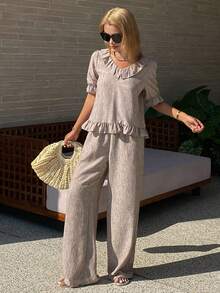 Livesso Women's Ruffled Hem Casual Top And Loose Pants 2 Pieces Set, Summer Holiday - Beige - View 4