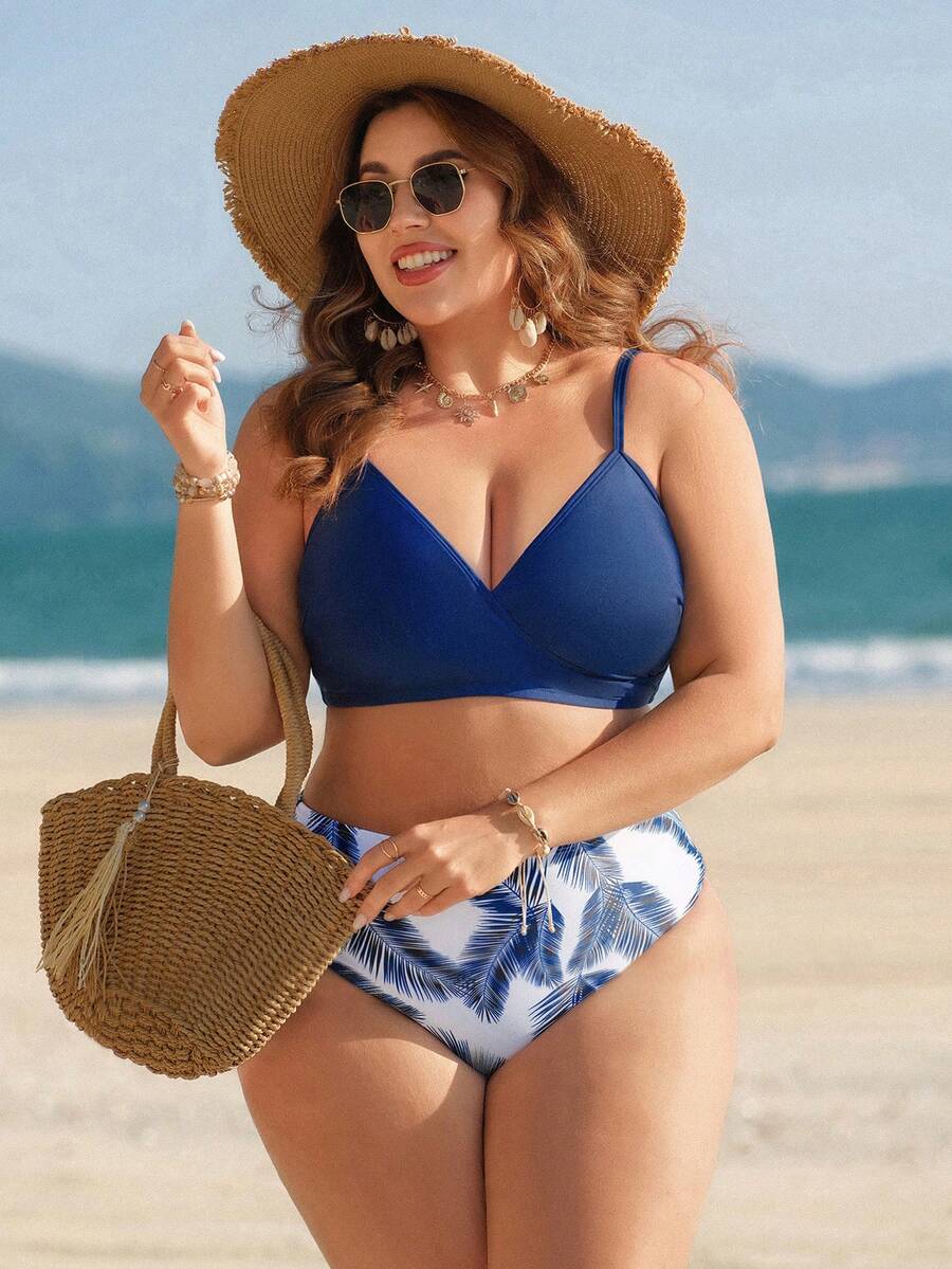 Swim Lushoire Plus Size Women's Solid Color Spaghetti Strap Fashionable Bikini Swimwear Set - Multicolor - View 1