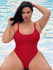 Slaysola 大码女式纯色休闲吊带连体泳衣 - 紅色 - 查看 3