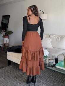 Tyla Gomez 女士棕色高低下摆裙子、抽绳荷叶边分层裙、派对裙、波西米亚风裙、午餐裙 - 鏽棕色 - 查看 2