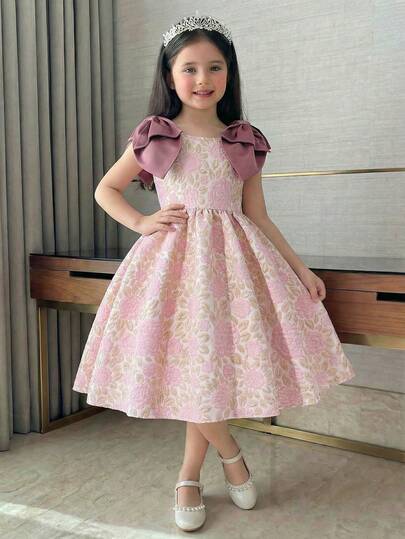 Adorable Girls Pink Floral Print Fit And Flare Dress With Peter Pan Collar And Puff Sleeves Girl Princess Dress Kids Jacquard Dresses Floral Bow Flower Girl Dress Dusty Pink Dress For Girl