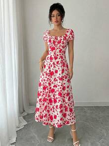 SHEIN Raffinéa Women's Elegant French Retro Red & White Floral Print Dress, Square Neck Puff Sleeve Ruched High Waist Slim Fit Ankle-Length Dress, Chic Vacation Style Printed Dress - Red - View 5